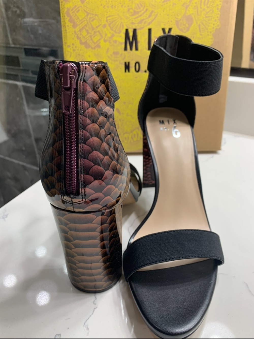 Mix No. 6 Black & Burgundy Textured Block Heel Sandals